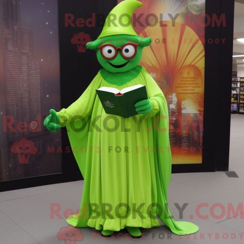 Costume De Mascotte Redbrokoly De Magicien Vert Citron Habillé D Une Robe Taille Empire Et De Lunettes De Lecture