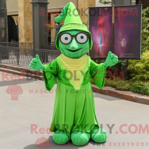 Costume De Mascotte Redbrokoly De Magicien Vert Citron Habillé D Une Robe Taille Empire Et De Lunettes De Lecture