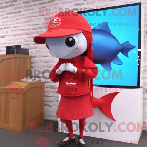 Costume De Mascotte Redbrokoly De Dauphin Rouge Habillé D Une Jupe Crayon Et De Montres Intelligentes