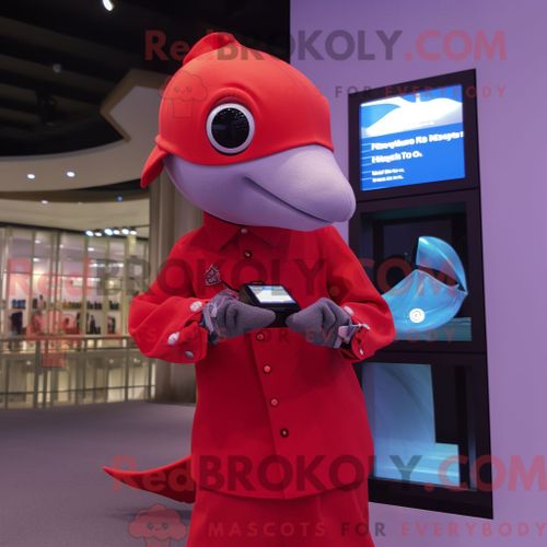 Costume De Mascotte Redbrokoly De Dauphin Rouge Habillé D Une Jupe Crayon Et De Montres Intelligentes
