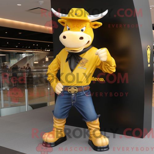 Costume Mascotte Redbrokoly De Taureau D Or Personnage Habillé Avec Un Jean Et Des Bonnets