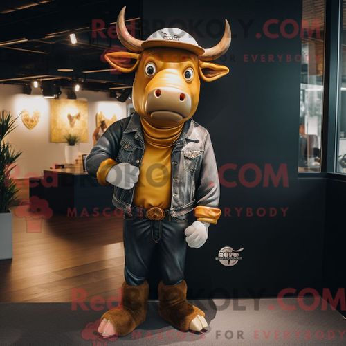 Costume Mascotte Redbrokoly De Taureau D Or Personnage Habillé Avec Un Jean Et Des Bonnets