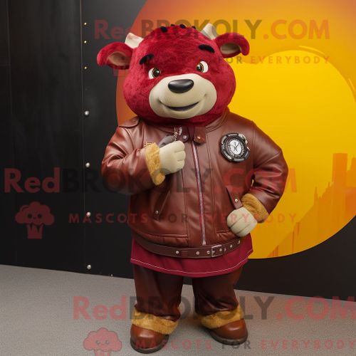 Costume De Mascotte Redbrokoly De Maroon Beef Wellington Habillé D Une Veste En Cuir Et De Montres Intelligentes