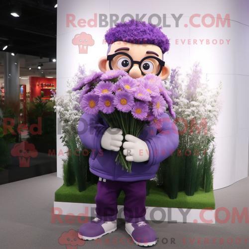 Costume Mascotte Redbrokoly De Bouquet De Fleurs Violet Personnage Habillé Avec Un Sweat-Shirt Et Des Lunettes