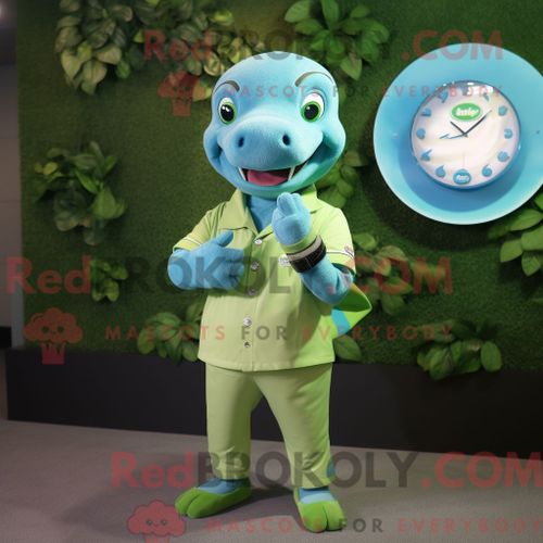 Personnage De Costume De Mascotte Redbrokoly De Dauphin Vert Habillé D Une Chemise Boutonnée Et De Montres-Bracelets