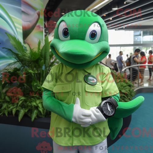 Personnage De Costume De Mascotte Redbrokoly De Dauphin Vert Habillé D Une Chemise Boutonnée Et De Montres-Bracelets