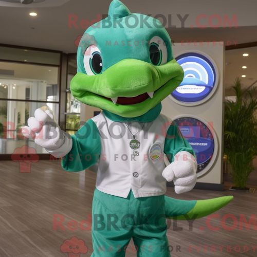 Personnage De Costume De Mascotte Redbrokoly De Dauphin Vert Habillé D Une Chemise Boutonnée Et De Montres-Bracelets