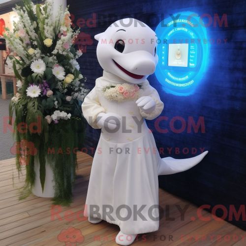 Costume De Mascotte Redbrokoly De Dauphin Crème Habillé D Une Robe De Mariée Et De Montres Numériques