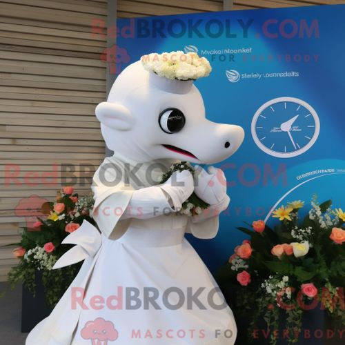 Costume De Mascotte Redbrokoly De Dauphin Crème Habillé D Une Robe De Mariée Et De Montres Numériques