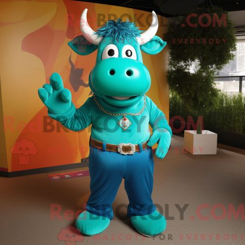 Costume De Mascotte Redbrokoly De Taureau Turquoise Habillé D Un Polo Et D Anneaux