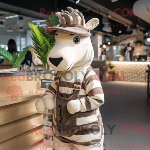 Costume Mascotte Redbrokoly De Zèbre Beige Habillé D Une Salopette Et De Chapeaux