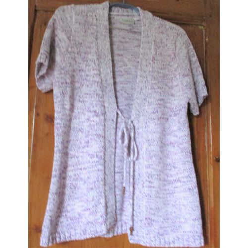 Gilet DÉté Manches Courtes Sans Boutons-Bords Manches, Encolure Et Pans Avec Bande Tricot Côtelée-2 Longs Cordons Terminés Par Des Perles À Nouer-Couleur Violet Clair Chiné De Blanc-Canda Taille L