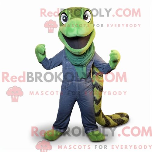 Personnage De Costume De Mascotte Redbrokoly De Python Vert Habillé Avec Un Jean Bootcut Et Des Écharpes