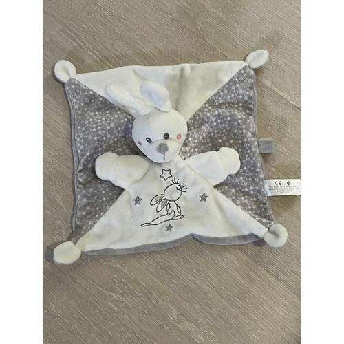 Doudou Lapin Blanc Gris Etoiles Nicotoy Attache Tetine