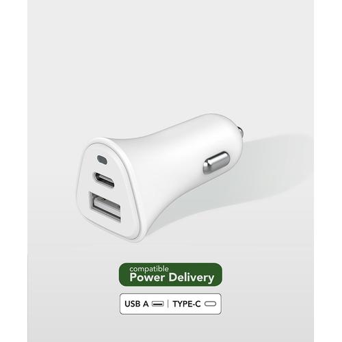 Double Chargeur Voiture Usb A+C Pd 37w (12+25w) Power Delivery Souple Blanc Just Green