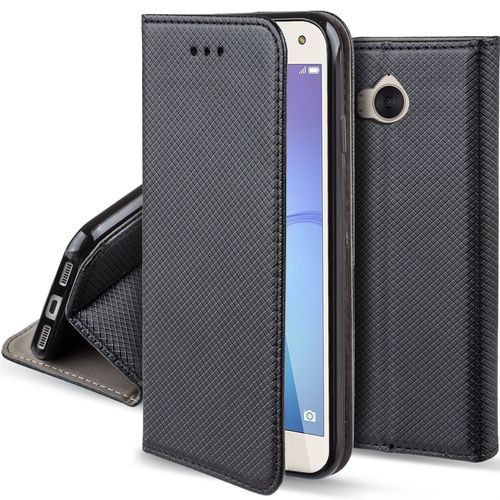 Moozy Coque A Rabat Pour Huawei Y6 2017, Noir - Housse Étui Fin Smart Magnétique Avec Porte-Cartes Et Support