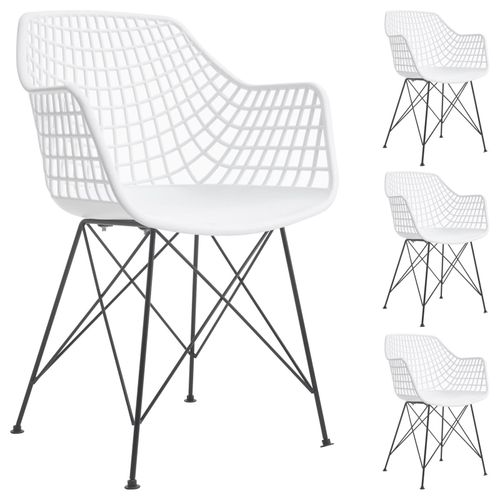 Lot De 4 Chaises Alicante Pour Salle ? Manger Ou Cuisine Design Retro Avec Accoudoirs Coque Plastique Blanc Et 4 Pieds Crois? Noir