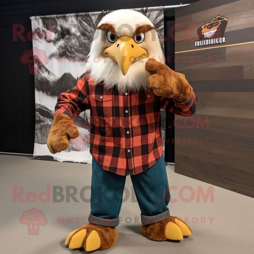 Personnage De Costume De Mascotte Redbrokoly De Pygargue À Tête Blanche De Rouille Habillé D'une Chemise En Flanelle Et De Bonnets