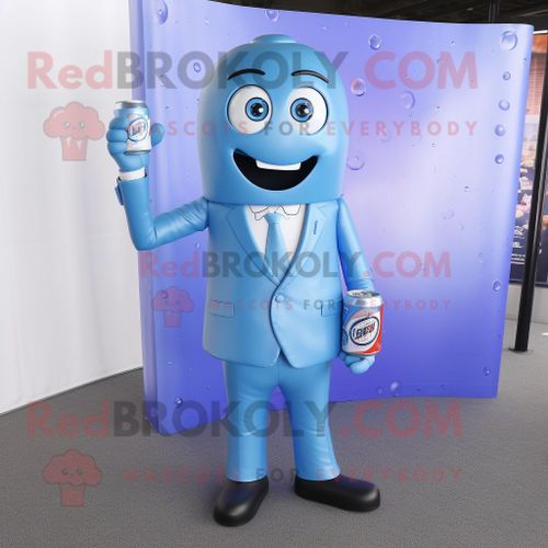 Personnage De Costume De Mascotte Redbrokoly De Canette De Soda Bleu Ciel Habillé D'un Pantalon De Costume Et D'épinglettes