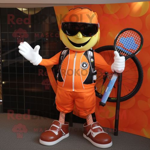 Personnage De Costume De Mascotte Redbrokoly De Raquette De Tennis Orange Habillé D'une Veste De Moto Et De Ceintures
