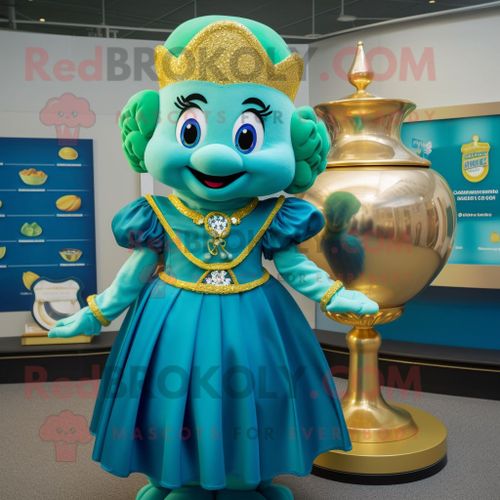 Personnage De Costume De Mascotte Redbrokoly Teal Pot Of Gold Habillé D'une Robe De Bal Et De Porte-Clés