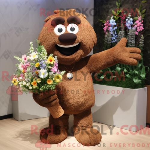 Costume Mascotte Redbrokoly De Bouquet De Fleurs Marron Personnage Habillé Avec Un T-Shirt Et Des Mitaines