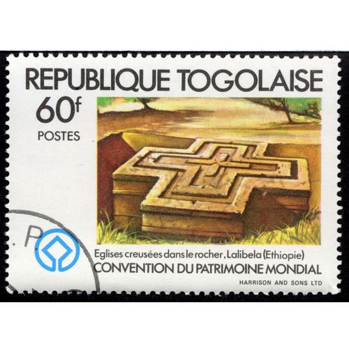 Timbre Églises Creusées Dans Le Rocher,Lalibela,Éthiopie,Convention Du Patrimoine Mondial,République Togolaise,60f,Postes