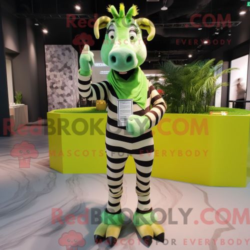 Personnage De Costume De Mascotte Redbrokoly De Zèbre Vert Citron Habillé Avec Une Chemise Oxford Et Des Bracelets De Cheville