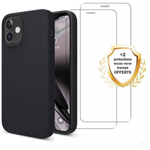 Coque Iphone 12 Mini Silicone Liquide Noire + 2 Vitres En Verre Trempé Protection Écran Antichocs - Evetane