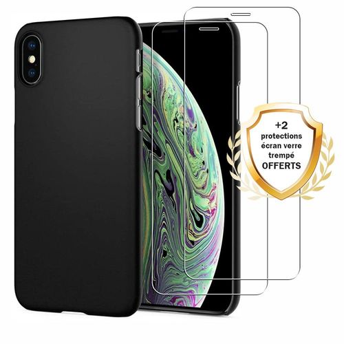 Coque Iphone X/Xs Silicone Liquide Noire + 2 Vitres En Verre Trempé Protection Écran Antichocs Evetane