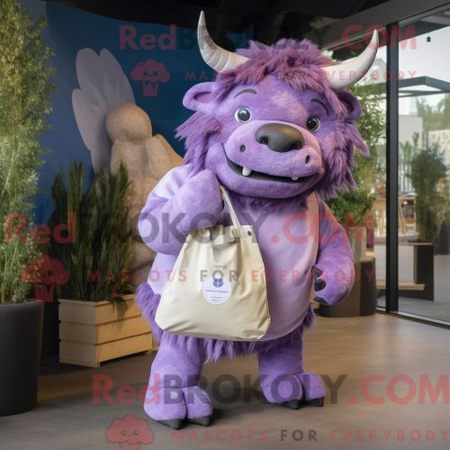 Personnage De Costume De Mascotte Redbrokoly De Rhinocéros Laineux Lavande Habillé Avec Une Chemise En Popeline Et Des Sacs Fourre-Tout