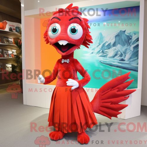 Costume Mascotte Redbrokoly De Mango Beige Habillé D Une Chemise En Flanelle Et De Sacs À Main