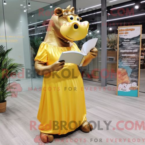 Costume Mascotte Redbrokoly D Hippopotame Doré Personnage Habillé D Une Robe Longue Et De Lunettes De Lecture