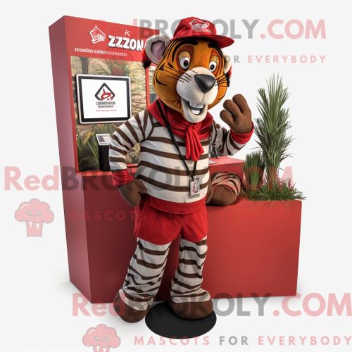 Costume De Mascotte Redbrokoly De Zèbre Rouge Habillé D Un Short Cargo Et De Boucles D Oreilles