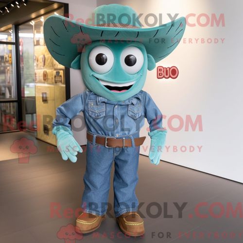 Costume Mascotte Redbrokoly De Pho Turquoise Habillé D Une Chemise En Jean Et De Ceintures