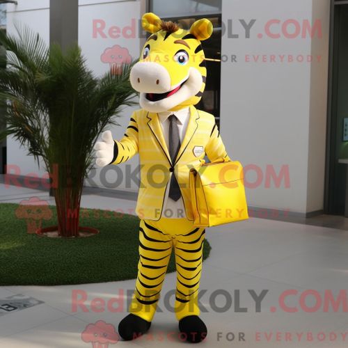 Personnage De Costume De Mascotte Redbrokoly De Zèbre Jaune Citron Habillé Avec Un Pantalon De Costume Et Des Portefeuilles