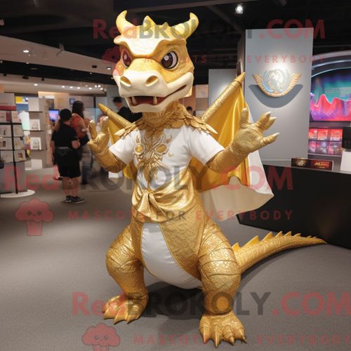 Personnage De Costume De Mascotte Redbrokoly De Dragon D Or Habillé D Un Pantalon Chino Et D Épingles À Châle