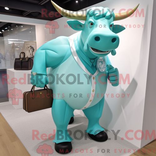 Costume De Mascotte Redbrokoly De Taureau Cyan Habillé D Une Chemise En Popeline Et De Sacs À Main