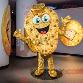 Costume Mascotte Redbrokoly De Pizza Dorée Personnage Habillé Avec Un Pantalon Et Des Épingles À Cheveux