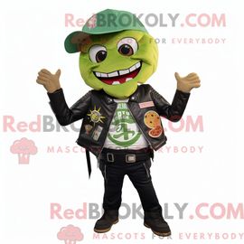 Costume Mascotte Redbrokoly De Nachos Verts Personnage Habillé D Une Veste De Motard Et De Bretelles