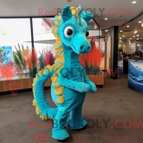 Costume Mascotte Redbrokoly D Hippocampe Turquoise Personnage Habillé Avec Un Pantalon Capri Et Des Pinces À Cheveux