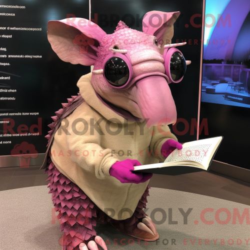 Costume Mascotte Redbrokoly De Tatou Rose Personnage Habillé Avec Un Legging Et Des Lunettes De Lecture