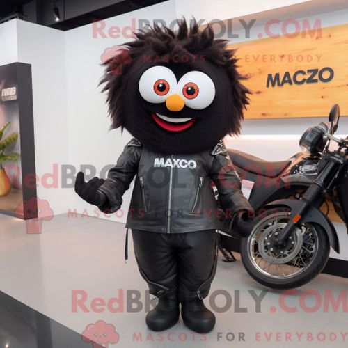 Costume Mascotte Redbrokoly De Mango Noir Personnage Habillé Avec Une Veste De Moto Et Des Épingles À Cheveux