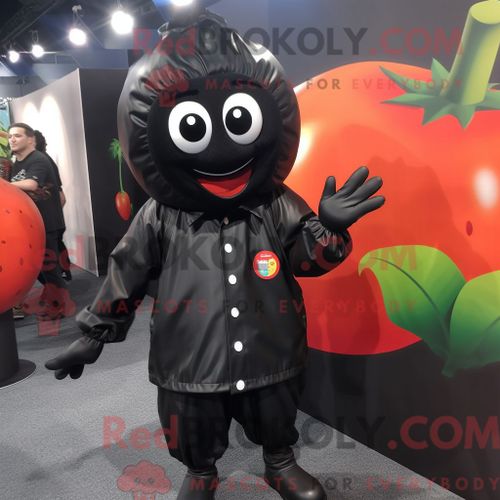 Costume Mascotte Redbrokoly De Tomate Noire Personnage Habillé Avec Un Coupe-Vent Et Des Boucles D Oreilles