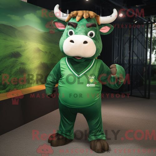 Costume De Mascotte Redbrokoly De Taureau Vert Forêt Habillé D Un T-Shirt Polo Et De Ceintures De Smoking