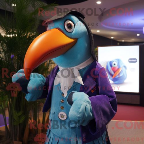 Costume Mascotte Redbrokoly De Toucan Bleu Personnage Habillé D Un Gilet Et D Épingles À Châle
