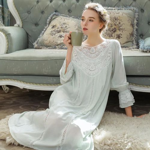 Robe En Dentelle À Manches Longues Pour Femmes,Vêtements De Nuit Pour Femmes,Jupe De Nuit Princesse,Chemise De Nuit Victorienne Rétro En Coton,Cour Française,Élégante Et Romantique