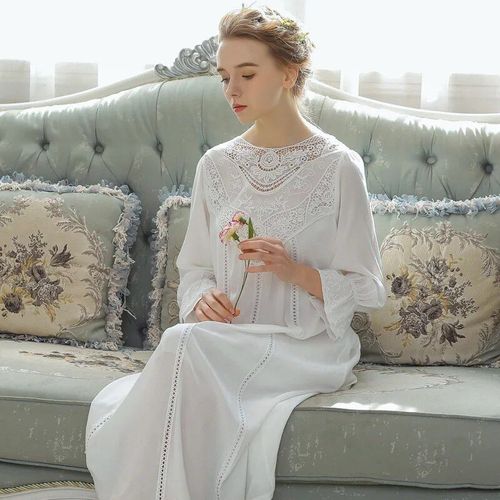 Robe En Dentelle À Manches Longues Pour Femmes,Vêtements De Nuit Pour Femmes,Jupe De Nuit Princesse,Chemise De Nuit Victorienne Rétro En Coton,Cour Française,Élégante Et Romantique