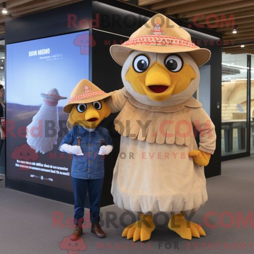 Costume Mascotte Redbrokoly De Poulet Au Beurre Beige Personnage Habillé Avec Un Jean Boyfriend Et Des Bérets