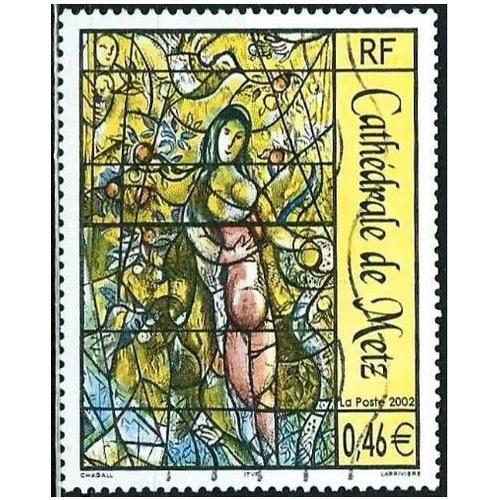 France 2002, Beau Timbre Yvert 3498, Vitrail De Marc Chagall, Cathédrale De Metz, Moselle, Oblitéré, Tbe -